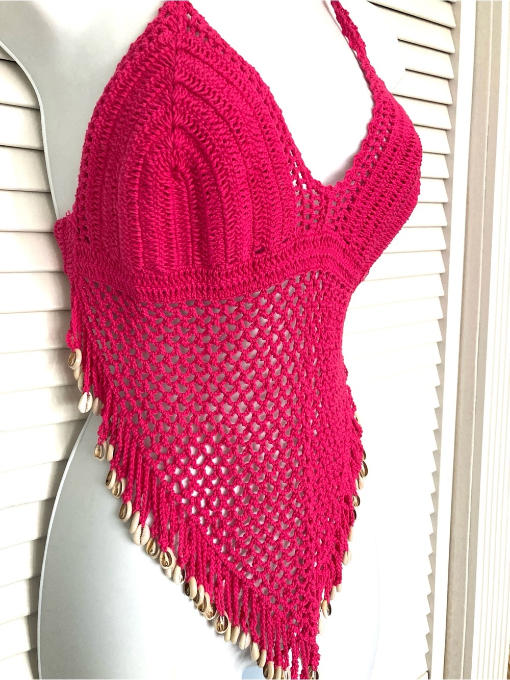 Hot Pink Crochet Halter Top with Shell Fringe